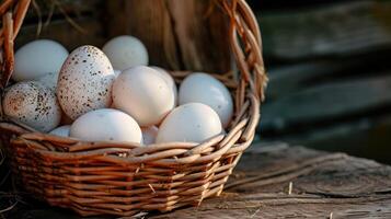 ai gerado topo Veiw cesta do Pato ovos em uma de madeira mesa sobre Fazenda dentro a campo foto