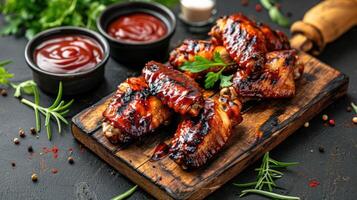 ai gerado grelhado frango asas com ketchup e molhos em uma de madeira borda. tradicional cozido churrasco foto