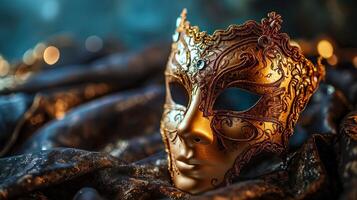 ai gerado dourado veneziano carnaval mascarada parada mascarar em borrado Sombrio azul fundo com laranja luzes. cópia de espaço. para traje festival celebração, convite, promoção. foto