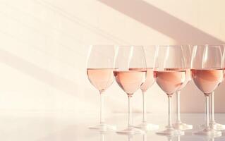 ai gerado grupo do óculos com branco vinho em uma pêssego Rosa mesa. minimalista na moda fundo com cópia de espaço. luz solar e sombras. foto