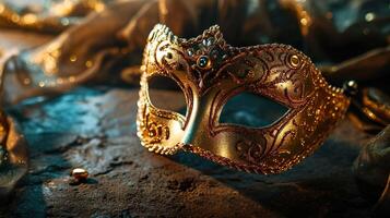 ai gerado dourado veneziano carnaval mascarada parada mascarar em borrado Sombrio azul fundo com laranja luzes. cópia de espaço. para traje festival celebração, convite, promoção. foto