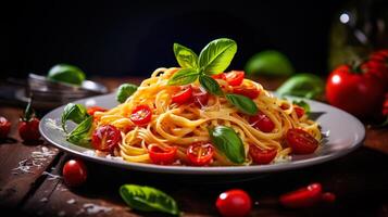 ai gerado espaguete, massa com tomate molho, tomates decorado com salsinha manjericão. servindo chique italiano Comida dentro uma restaurante. foto