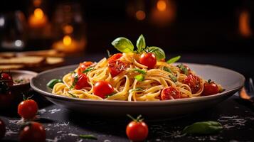 ai gerado espaguete, massa com tomate molho, tomates decorado com salsinha manjericão. servindo chique italiano Comida dentro uma restaurante. foto