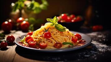 ai gerado espaguete, massa com tomate molho, tomates decorado com salsinha manjericão. servindo chique italiano Comida dentro uma restaurante. foto