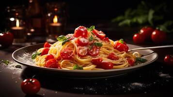 ai gerado espaguete, massa com tomate molho, tomates decorado com salsinha manjericão. servindo chique italiano Comida dentro uma restaurante. foto