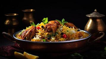 ai gerado frango Biryani dentro uma brilhante prata tigela, picante Curry e aromático sabores, autêntico indiano comida, servindo chique Comida dentro uma restaurante. foto