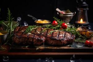 ai gerado fechar acima do gourmet grelhado bife com molho e assado legumes em uma de madeira borda. servindo chique Comida dentro uma restaurante. foto