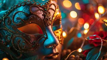 ai gerado carnaval mascarada parada mascarar em borrado Sombrio azul fundo com bokeh luzes e guirlandas. cópia de espaço. para veneziano traje festival celebração, convite, promoção. foto