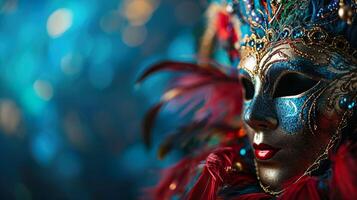 ai gerado colorida carnaval mascarada parada mascarar em borrado Sombrio azul fundo com bokeh luzes. cópia de espaço. para veneziano traje festival celebração, convite, promoção. foto