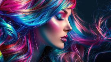 ai gerado lindo mulher com multi colori cabelo e criativo faço acima e Penteado. beleza face. foto