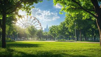 ai gerado verde floresta e ferris roda com Relva dentro a cidade parque. foto