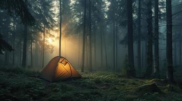 ai gerado turismo conceito. alvorecer dentro uma nebuloso floresta com uma solitário barraca. homem vidas dentro a floresta foto