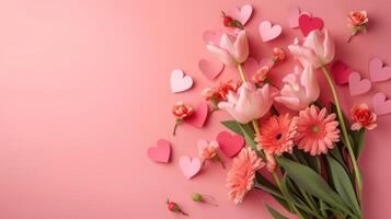 ai gerado ramalhete do lindo Primavera flores e papel corações em pastel Rosa mesa para feliz mães dia. plano deitar. foto