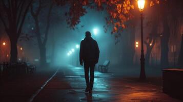 ai gerado triste homem sozinho caminhando ao longo a beco dentro noite nebuloso parque costas Visão foto