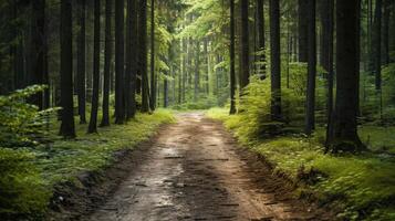 ai gerado sujeira estrada no meio árvores dentro floresta foto