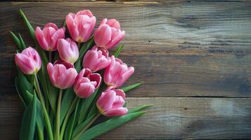 ai gerado coração a partir de Rosa tulipas flores em rústico mesa para marcha 8, internacional mulheres dia, aniversário , dia dos namorados dia ou mães dia foto