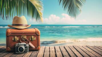 ai gerado vintage mala, hipster chapéu, foto Câmera e Passaporte em de madeira área coberta. tropical mar, de praia e Palma três dentro fundo. verão feriado viajando conceito Projeto bandeira com copyspace.