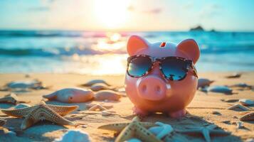 ai gerado porquinho banco com oculos de sol em a de praia feriado foto