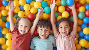 ai gerado acima Visão retrato do três feliz pequeno crianças dentro bola Cova sorridente às Câmera levantando mãos enquanto tendo Diversão dentro crianças jogar Centro, cópia de espaço foto