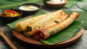 ai gerado ragi dosa, saudável sul indiano café da manhã item arranjado em uma volta de madeira base forrado com banana folha e coco molho picante colocada ao lado isto. foto