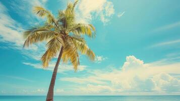 ai gerado Palma árvore em tropical de praia com azul céu e branco nuvens abstrato fundo. cópia de espaço do verão período de férias e o negócio viagem conceito. vintage tom filtro efeito cor estilo foto