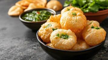 ai gerado Panipuri ou fuchka fhuchka ou gupchup ou golgappa ou pani ke patake é uma tipo do lanche este originado dentro a indiano subcontinente foto