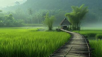 ai gerado panorama com arroz Campos e de madeira pontes faz você sentir fresco e brilhante. foto