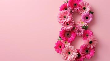 ai gerado internacional mulheres dia. bandeira, folheto, lindo cartão postal para marcha 8. flores dentro a forma do a número 8 em uma Rosa fundo. foto