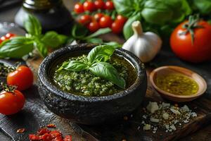 ai gerado pesto molho com ingredientes para culinária. ai gerado foto