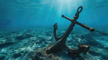 ai gerado âncora do velho navio embaixo da agua em a inferior do a oceano foto