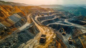 ai gerado trabalhos do caminhões e a escavadora dentro a aberto Cova em ouro mineração foto