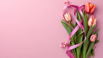ai gerado figura 8 fez do fita e tulipa flores para internacional mulheres dia celebração em Rosa fundo com espaço para texto foto