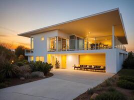 ai gerado branco e amarelo meio século moderno estilo de praia lar, interior, pôr do sol foto