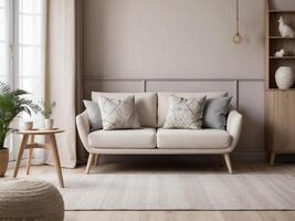 ai gerado bege escandinavo sofá com estampado almofadas dentro à moda vivo quarto interior foto