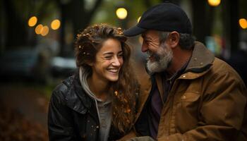 ai gerado sorridente casal desfrutando inverno noite, amor e união gerado de ai foto