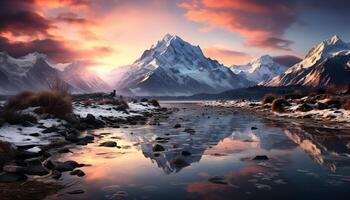 ai gerado majestoso montanha pico reflete tranquilo pôr do sol em água gerado de ai foto