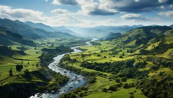 ai gerado verde prados e montanhas crio uma tranquilo cena gerado de ai foto