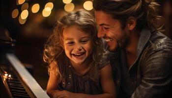 ai gerado sorridente família jogando piano, criando alegre música juntos gerado de ai foto