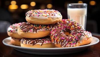 ai gerado multi colori rosquinha em Rosa placa, tentação indulgência gerado de ai foto