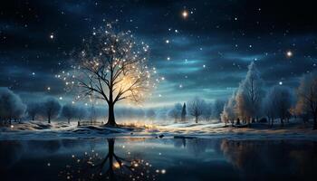 ai gerado inverno noite, neve coberto floresta iluminado de luar gerado de ai foto