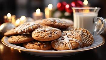 ai gerado caseiro chocolate lasca biscoitos em festivo Natal prato gerado de ai foto