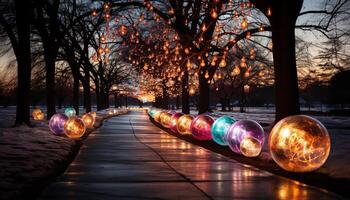 ai gerado vibrante cidade luzes iluminar a noite, trazendo alegria gerado de ai foto