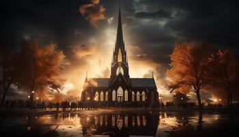 ai gerado gótico capela silhueta reflete espiritualidade dentro a noite gerado de ai foto
