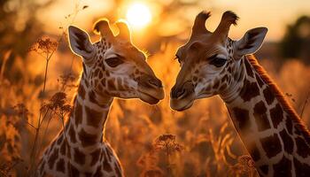 ai gerado girafa se beijando debaixo pôr do sol, natureza beleza dentro África gerado de ai foto