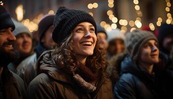 ai gerado grupo do pessoas andando, sorridente, desfrutando inverno noite gerado de ai foto