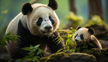 ai gerado fofa panda comendo bambu dentro a selvagem floresta gerado de ai foto