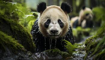 ai gerado fofa panda comendo bambu dentro tropical floresta tropical gerado de ai foto
