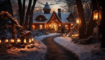 ai gerado inverno noite, iluminado capela, neve coberto árvore gerado de ai foto