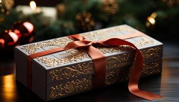 ai gerado dourado presente caixa ilumina festivo Natal celebração gerado de ai foto