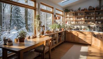 ai gerado moderno cozinha Projeto com rústico madeira pavimentos gerado de ai foto
